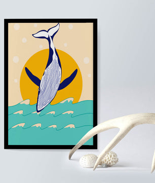 Ilustración de una ballena saltando sobre las olas con un fondo de sol
