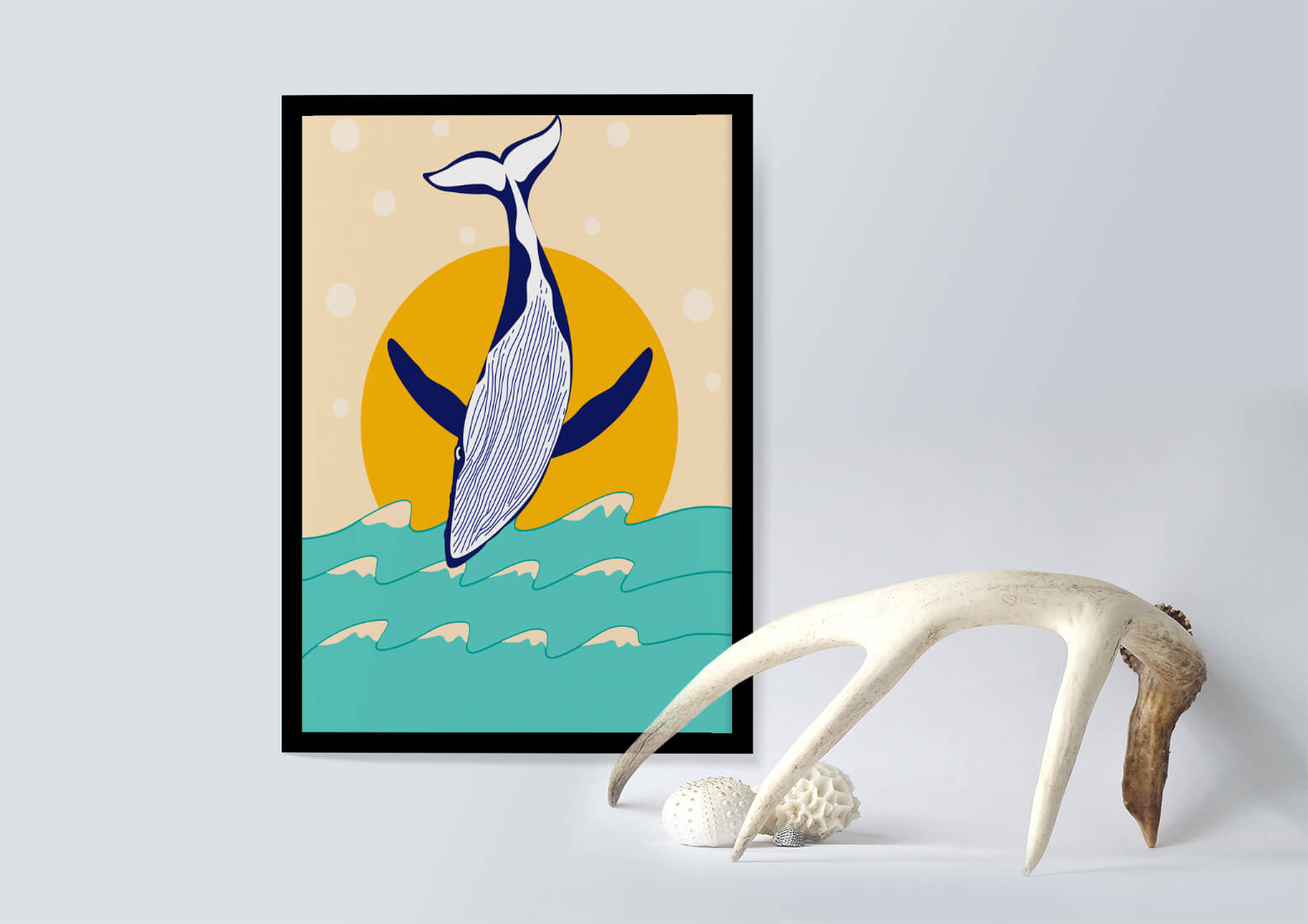 Illustration of a whale jumping over waves with sun backdrop