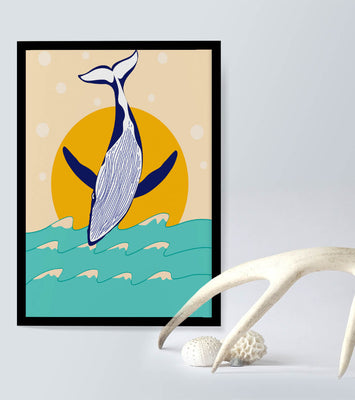 Illustration of a whale jumping over waves with sun backdrop
