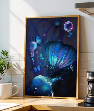 Illuminated Blue Butterflies with Glowing Bubbles in Enchanted Darkness