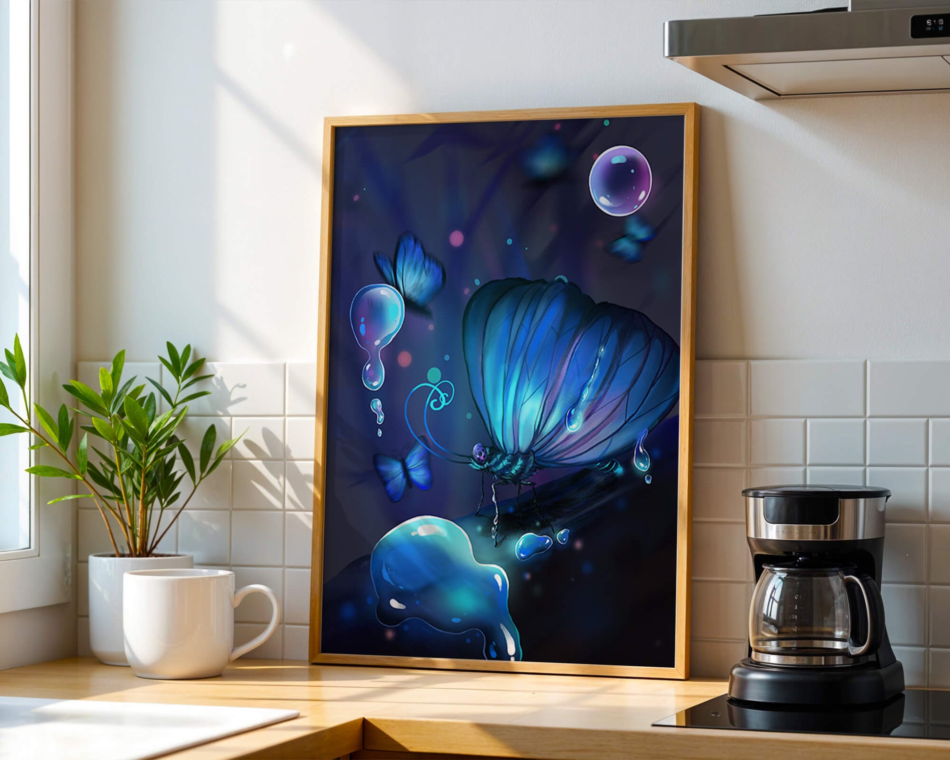 Illuminated Blue Butterflies with Glowing Bubbles in Enchanted Darkness