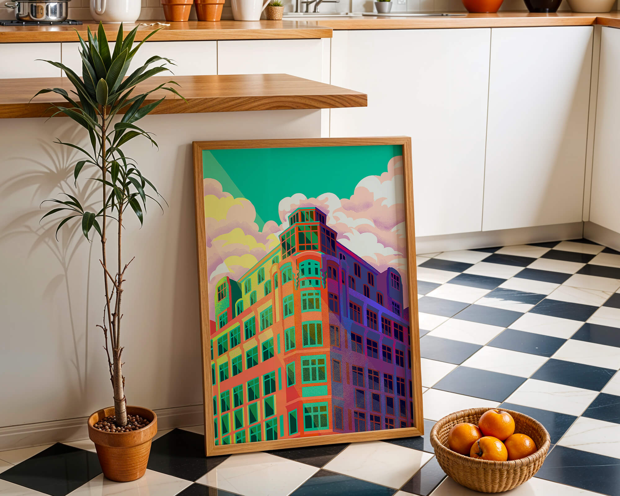 Colorful geometric building with vibrant sky