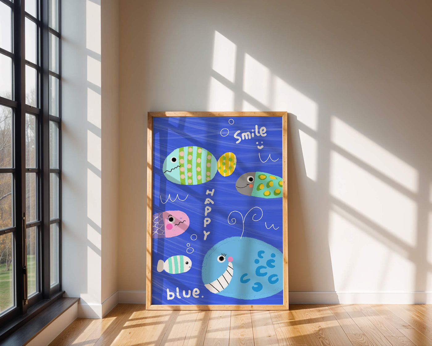 Colorful underwater scene with smiling cartoon fish