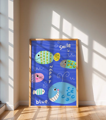 Colorful underwater scene with smiling cartoon fish
