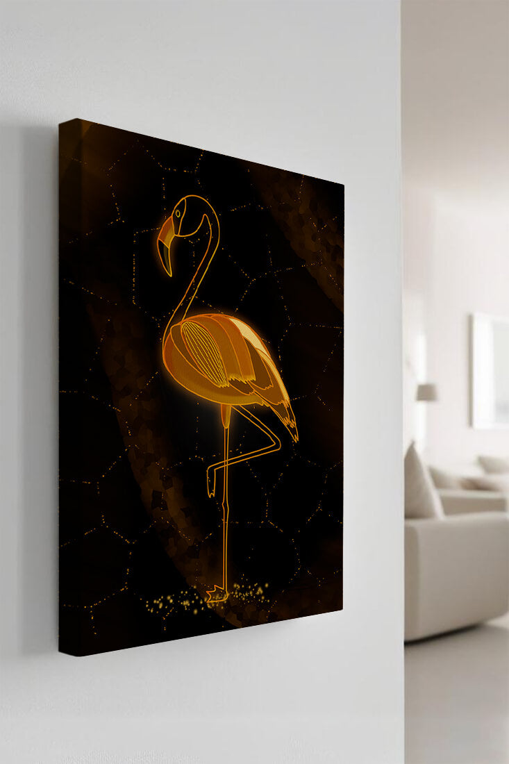 Elegant golden flamingo on abstract dark background