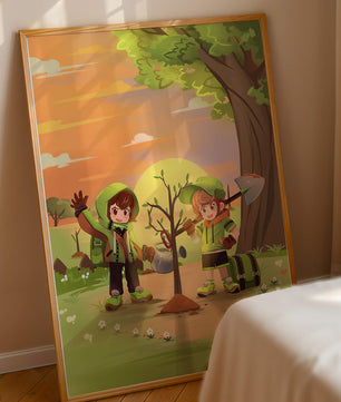 Kinder pflanzen einen Baum in einer lebendigen Sonnenuntergangslandschaft