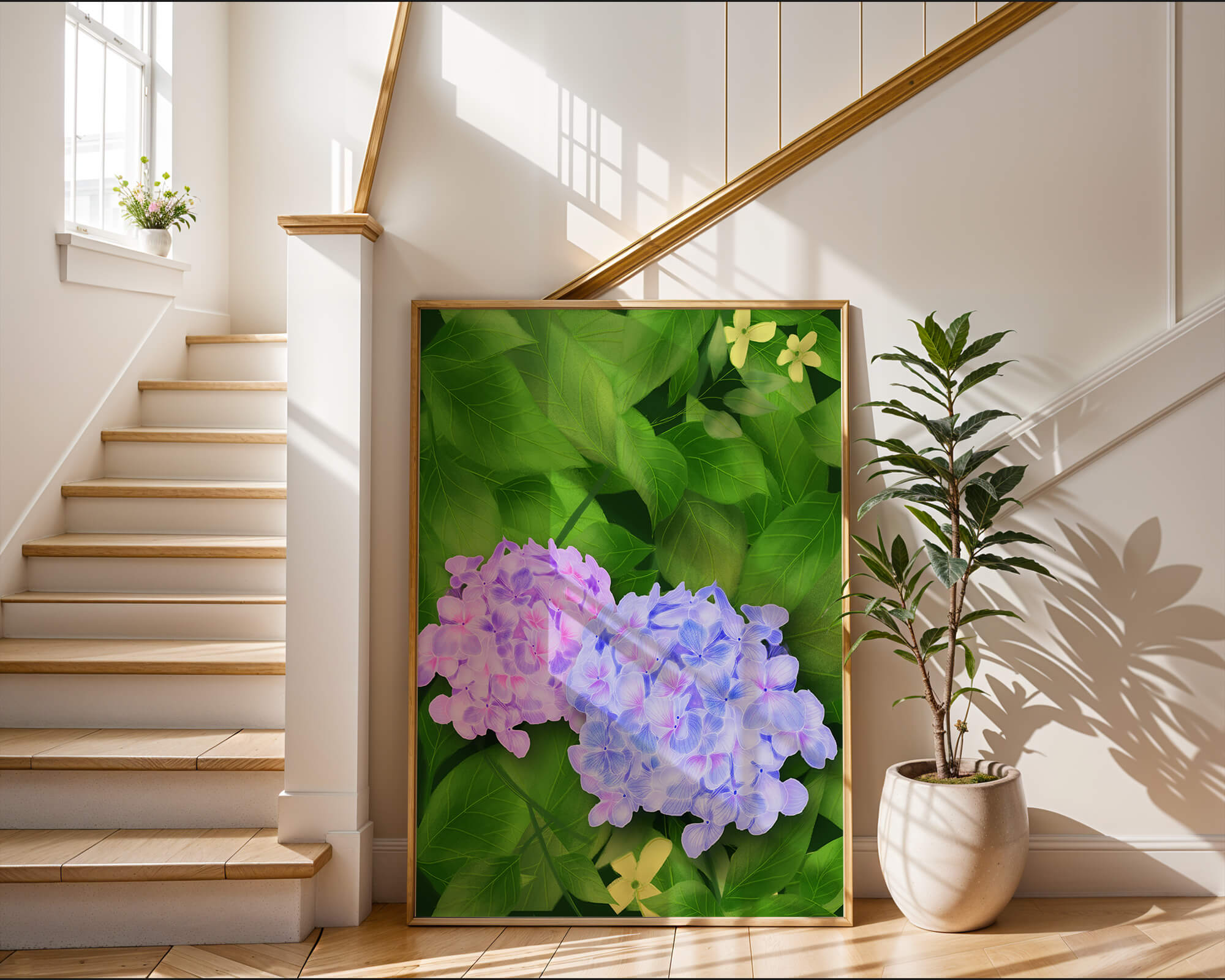 Delicate hydrangeas with lush green leaves in a vibrant botanical scene