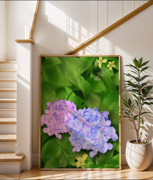Delicate hydrangeas with lush green leaves in a vibrant botanical scene