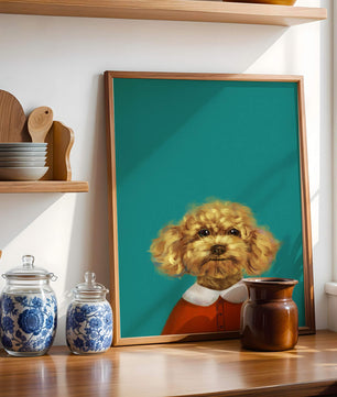 Portrait de caniche charmant en tenue de fête sur fond turquoise