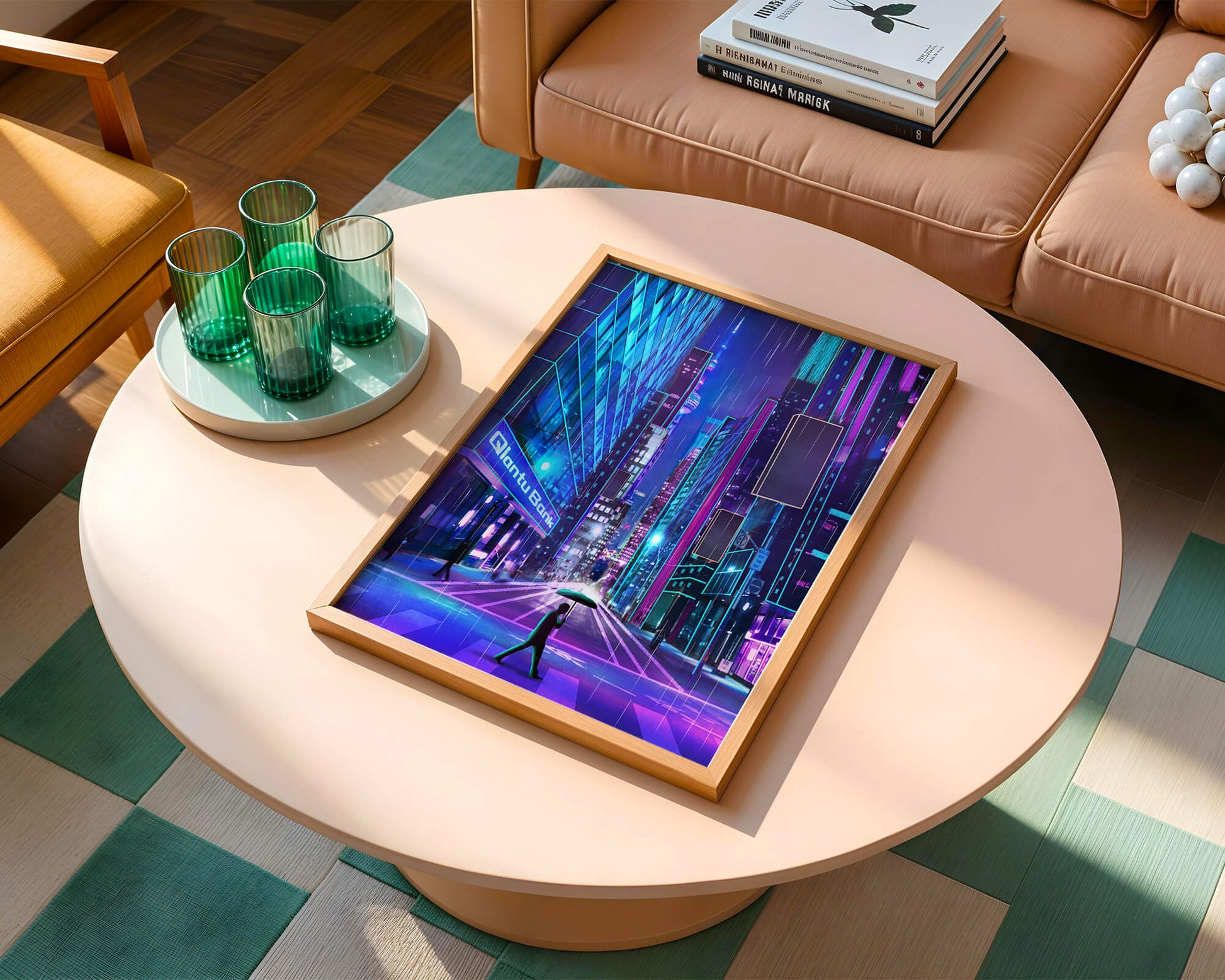 Futuristic urban street scene with neon lights and rainy atmosphere