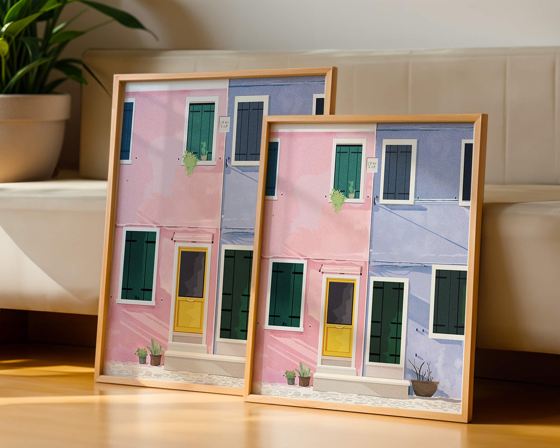 Charming pastel houses with colorful doors and windows