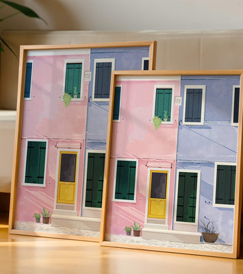 Charming pastel houses with colorful doors and windows