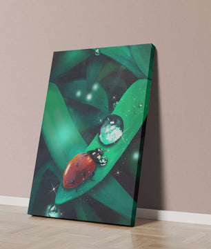 Ladybug on a Leaf with Dew Drops in a Vibrant Nature Scene - Mi tienda