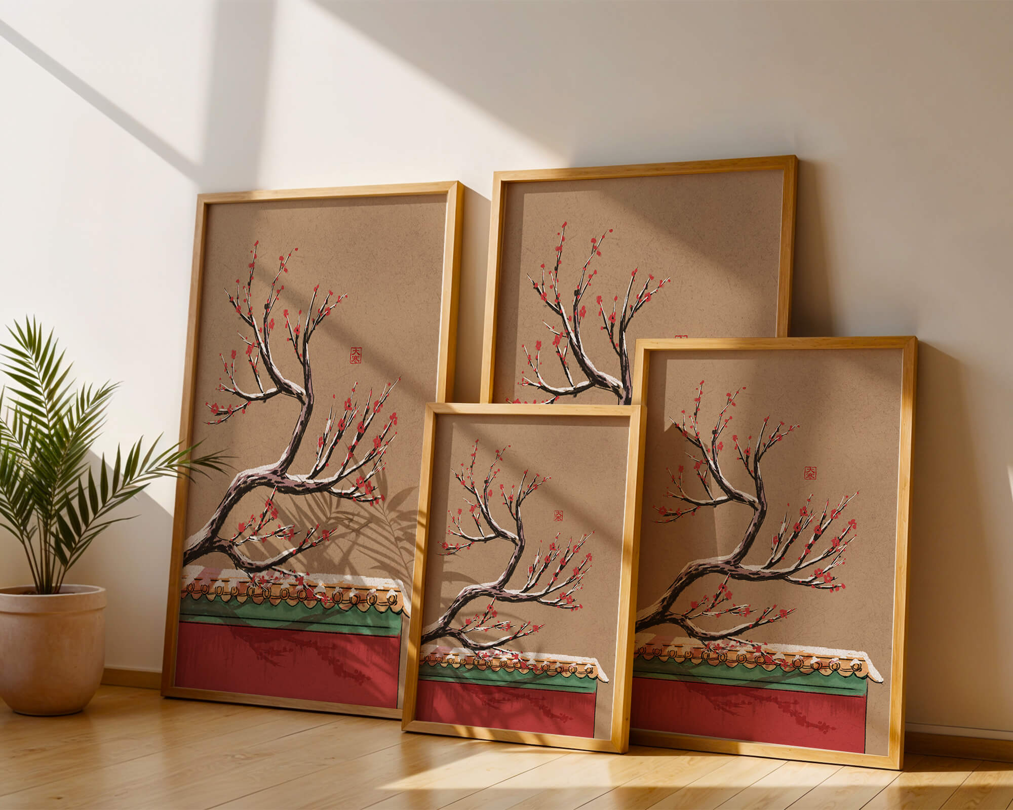 Illustration of blooming plum branch over traditional rooftop