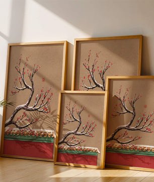 Illustration of blooming plum branch over traditional rooftop