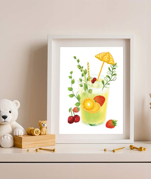 Refreshing summer drink illustration with fruits and greenery