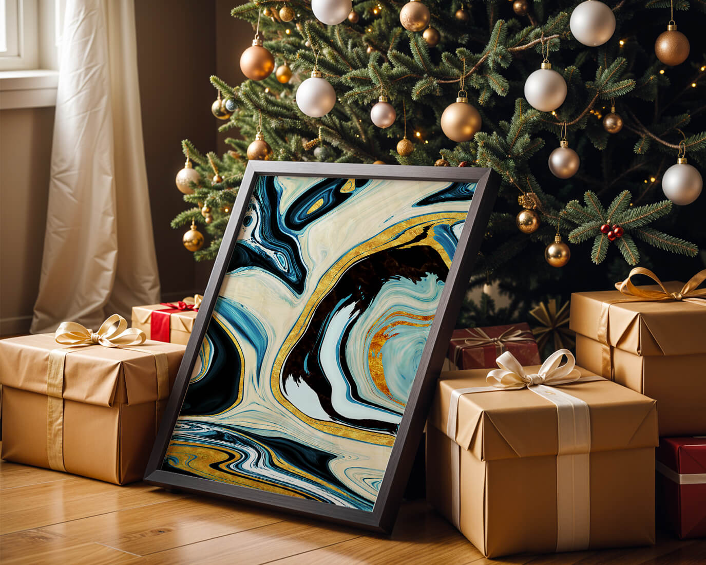 Abstract Marble Art with Gold Accents in Blue and Black Swirls