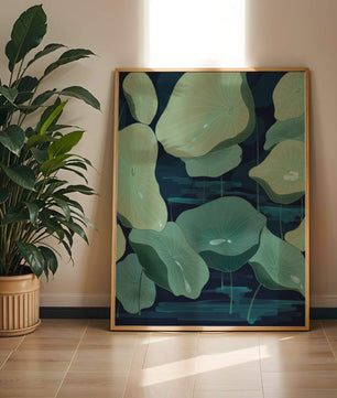 Green lily pads on a dark water background illustration