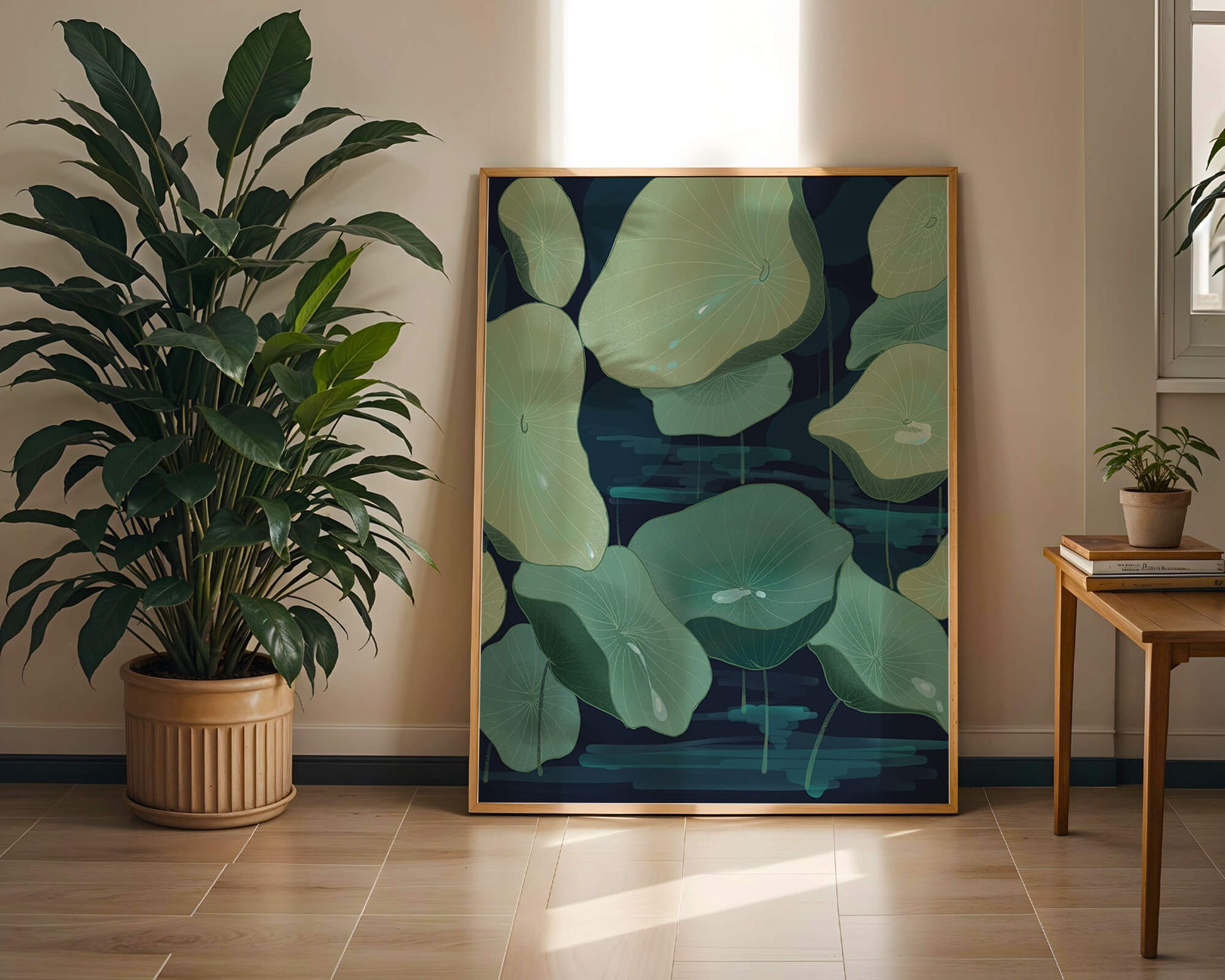 Green lily pads on a dark water background illustration