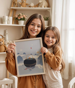 Peaceful winter landscape with kettle and cherry blossoms