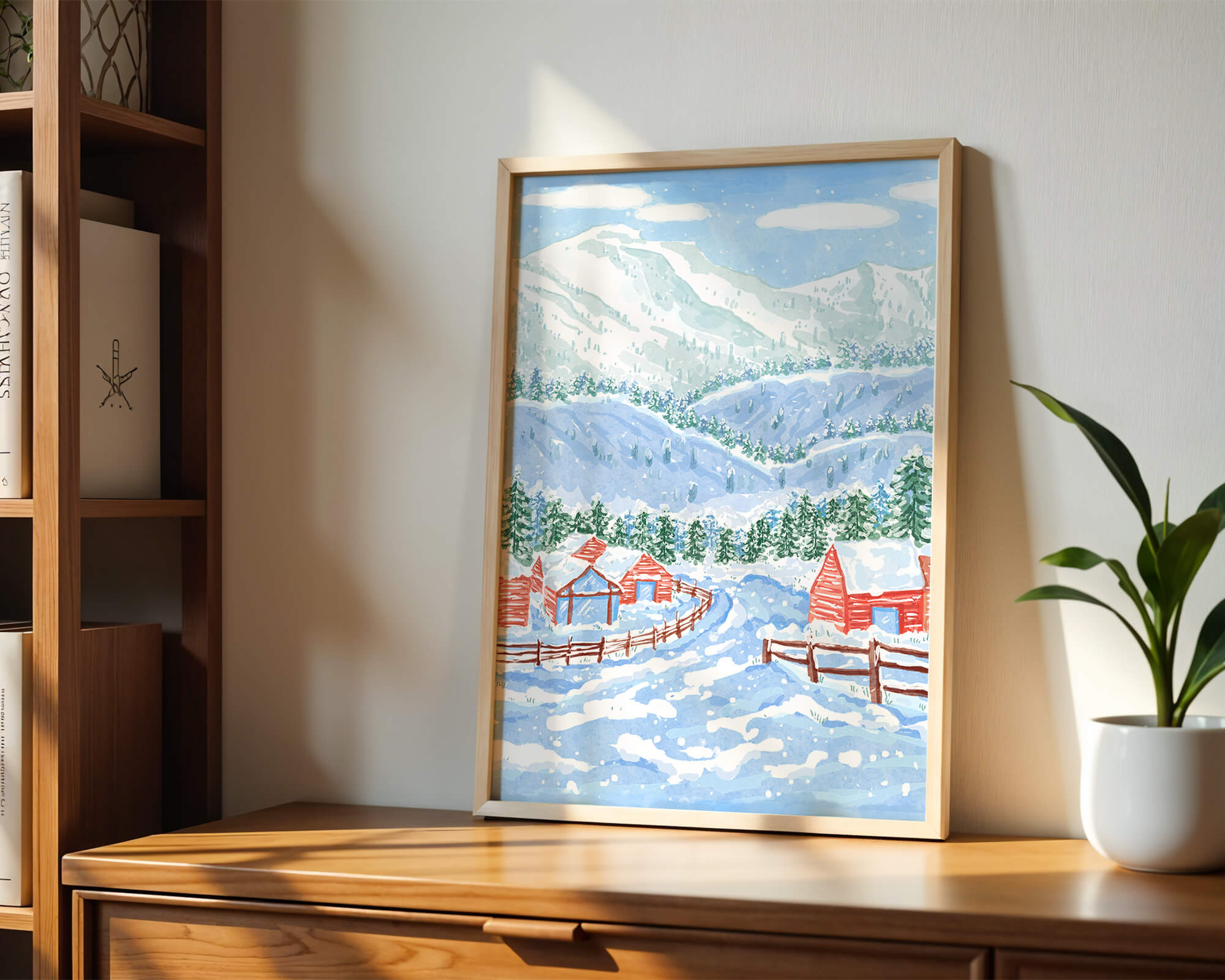 Charming snowy landscape with mountain view and cozy cabins