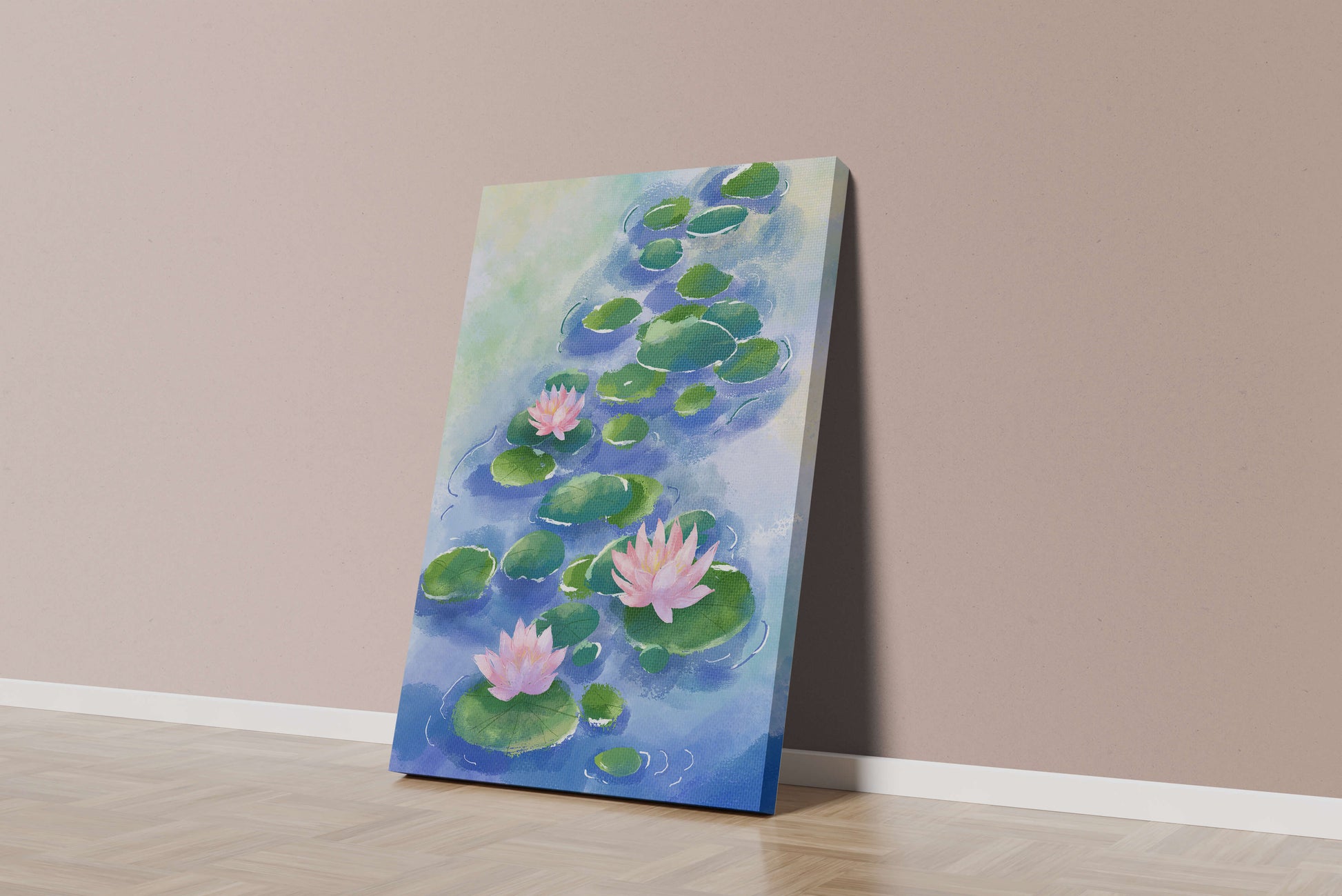 Escena acuática serena con flores de loto rosadas y nenúfares sobre una superficie de agua tranquila.