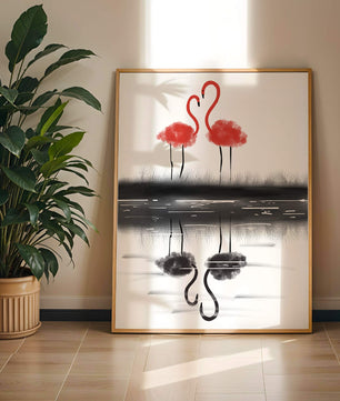 Flamencos elegantes reflejándose en el agua con un contraste artístico
