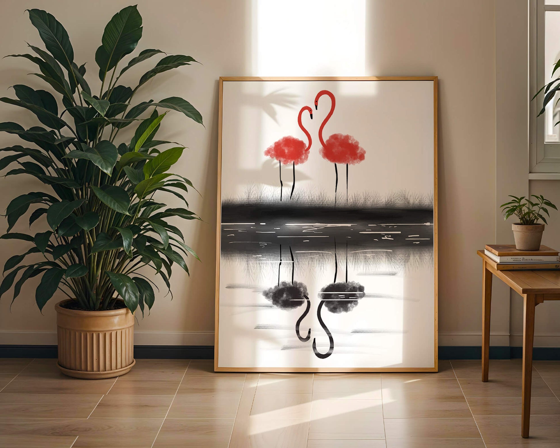 Flamencos elegantes reflejándose en el agua con un contraste artístico