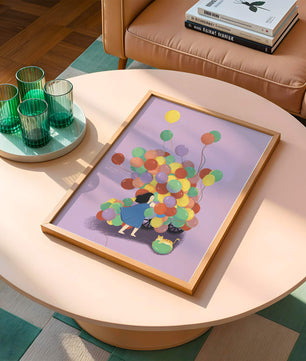 Bunte Luftballons mit einem Kind und einer Katze auf violettem Hintergrund