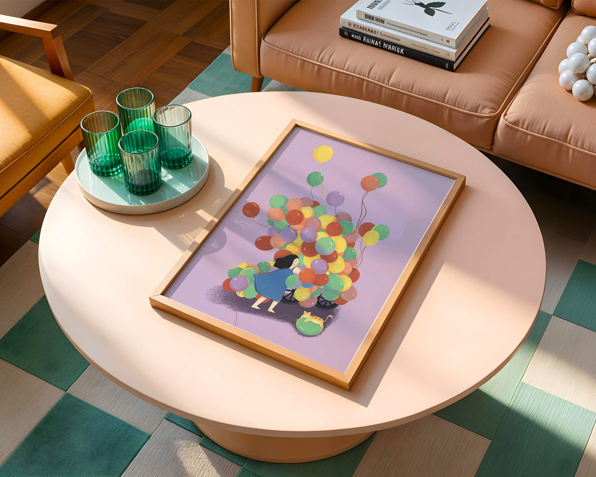 Bunte Luftballons mit einem Kind und einer Katze auf violettem Hintergrund