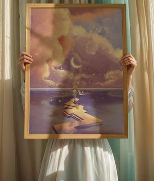 Whimsical journey on a dreamlike path beneath colorful clouds