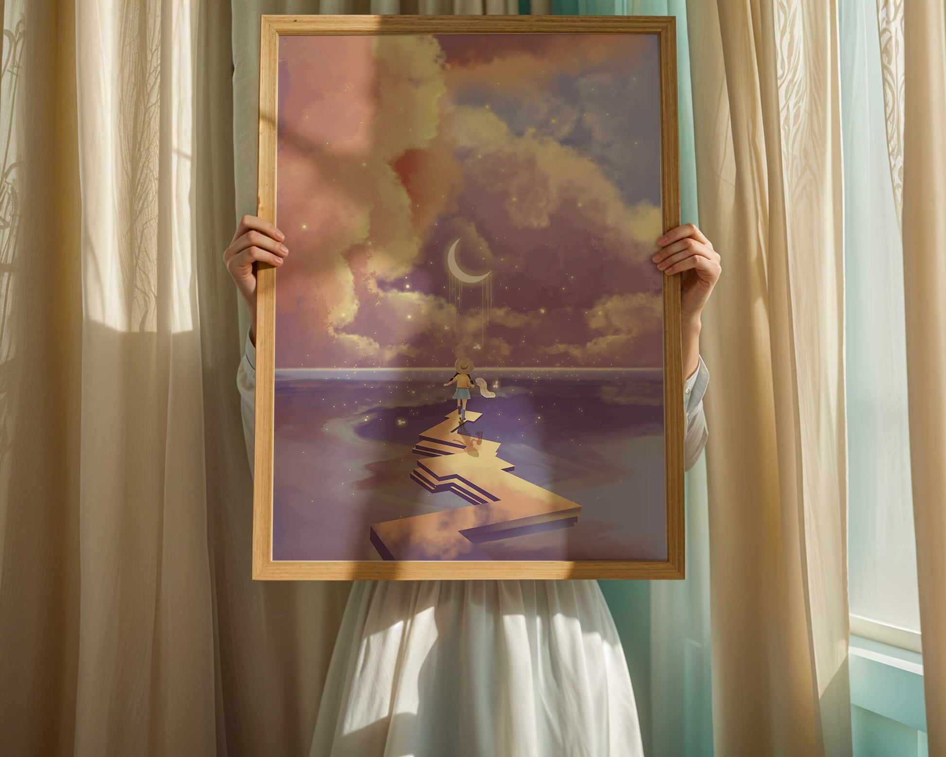 Whimsical journey on a dreamlike path beneath colorful clouds