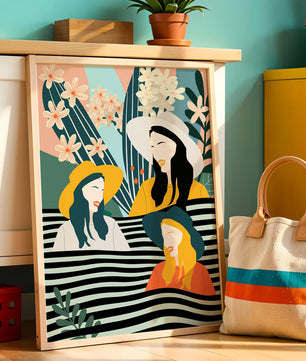 Illustration abstraite colorée de trois femmes avec des éléments floraux et botaniques