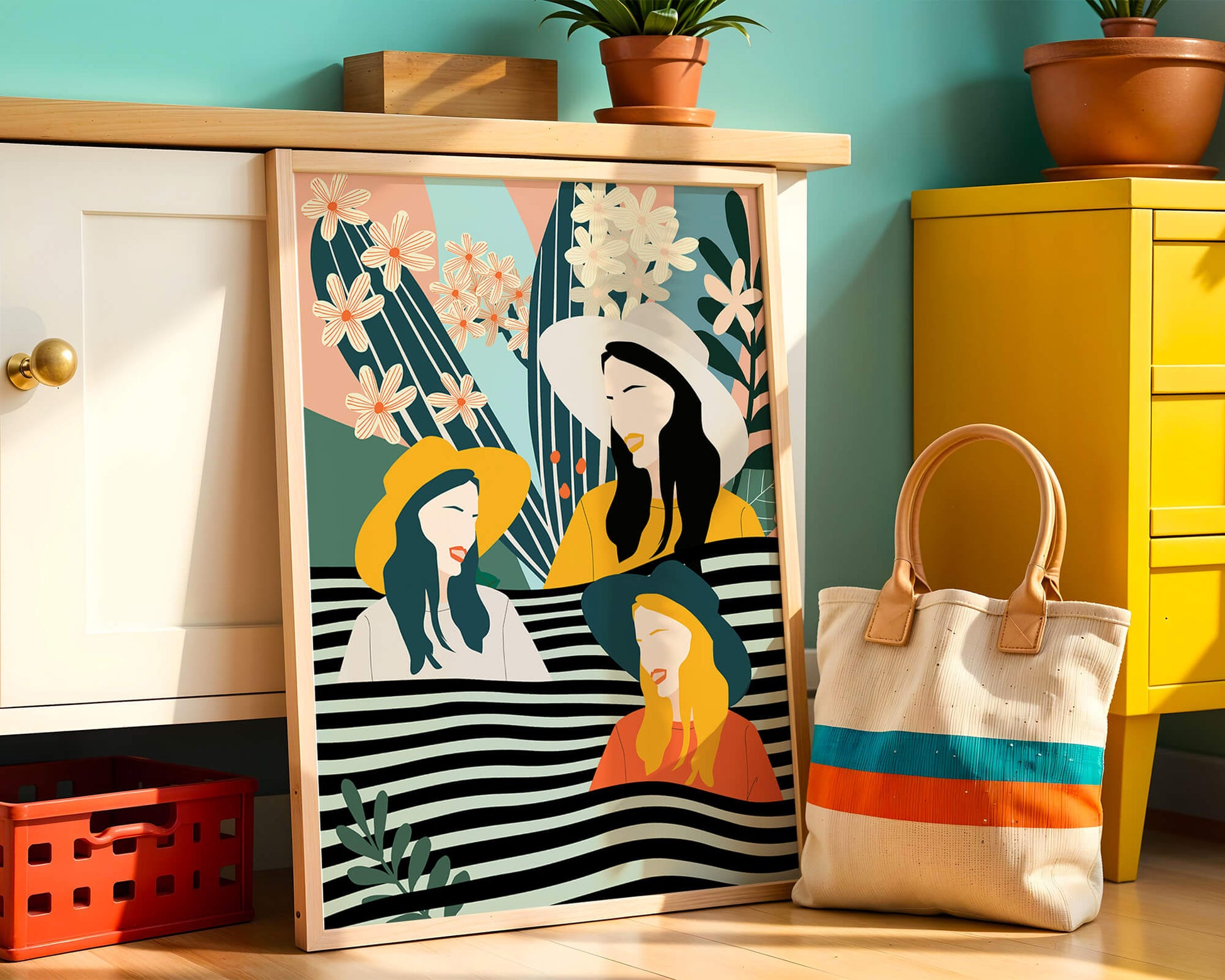 Illustration abstraite colorée de trois femmes avec des éléments floraux et botaniques