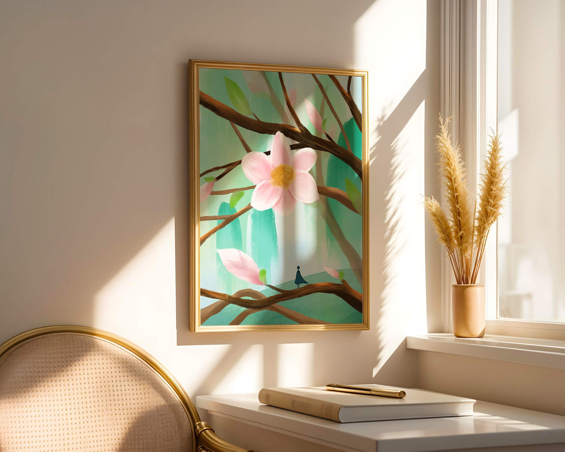Serene floral artwork with large pink flower on tree branches