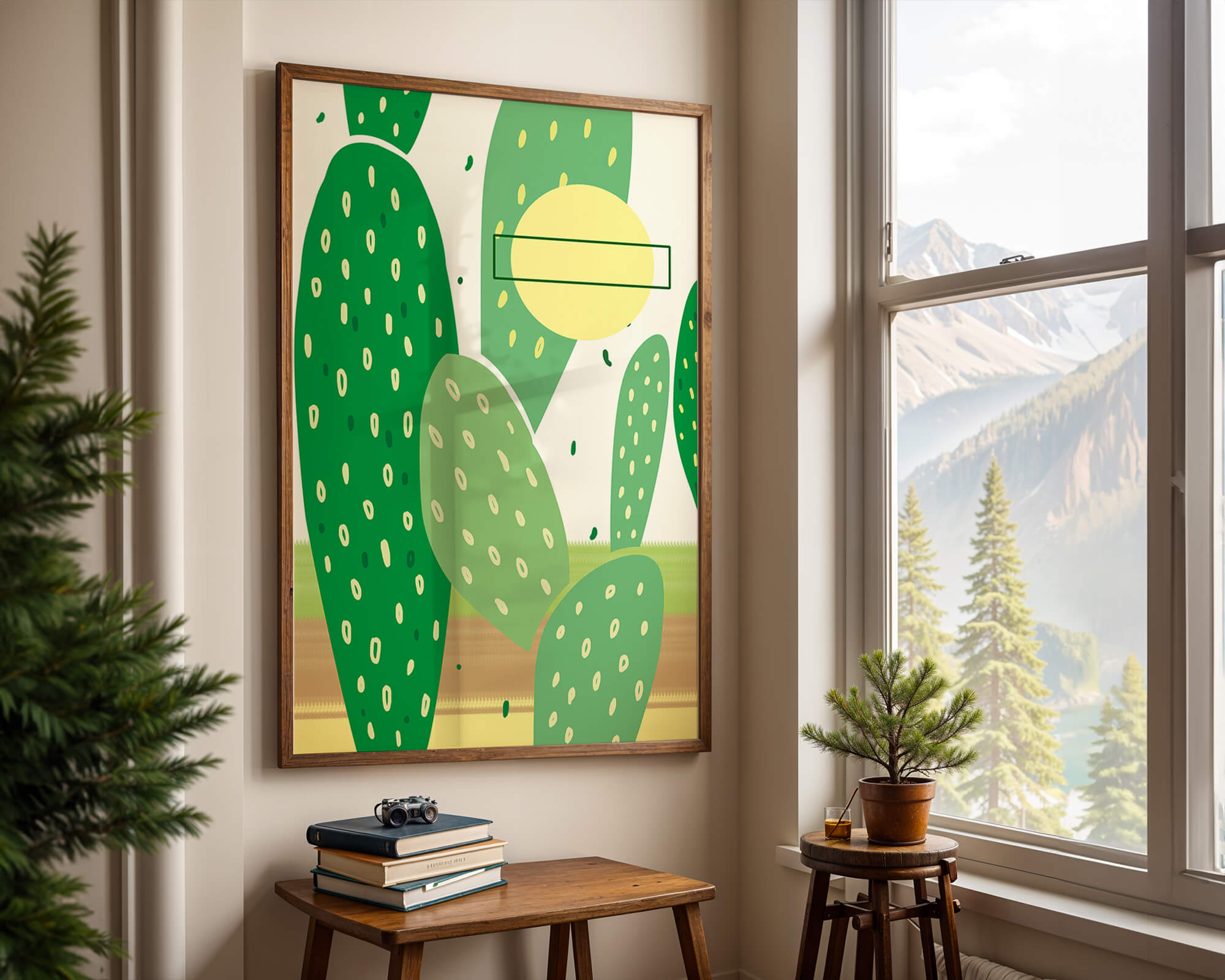 Abstract cactus art with green and yellow elements