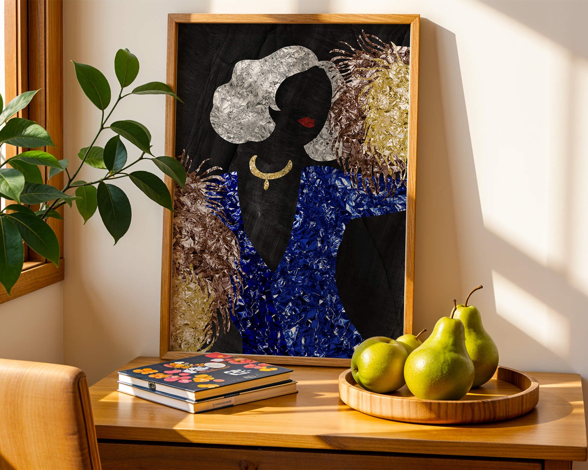 Abstract art with colorful foil textures and silhouette