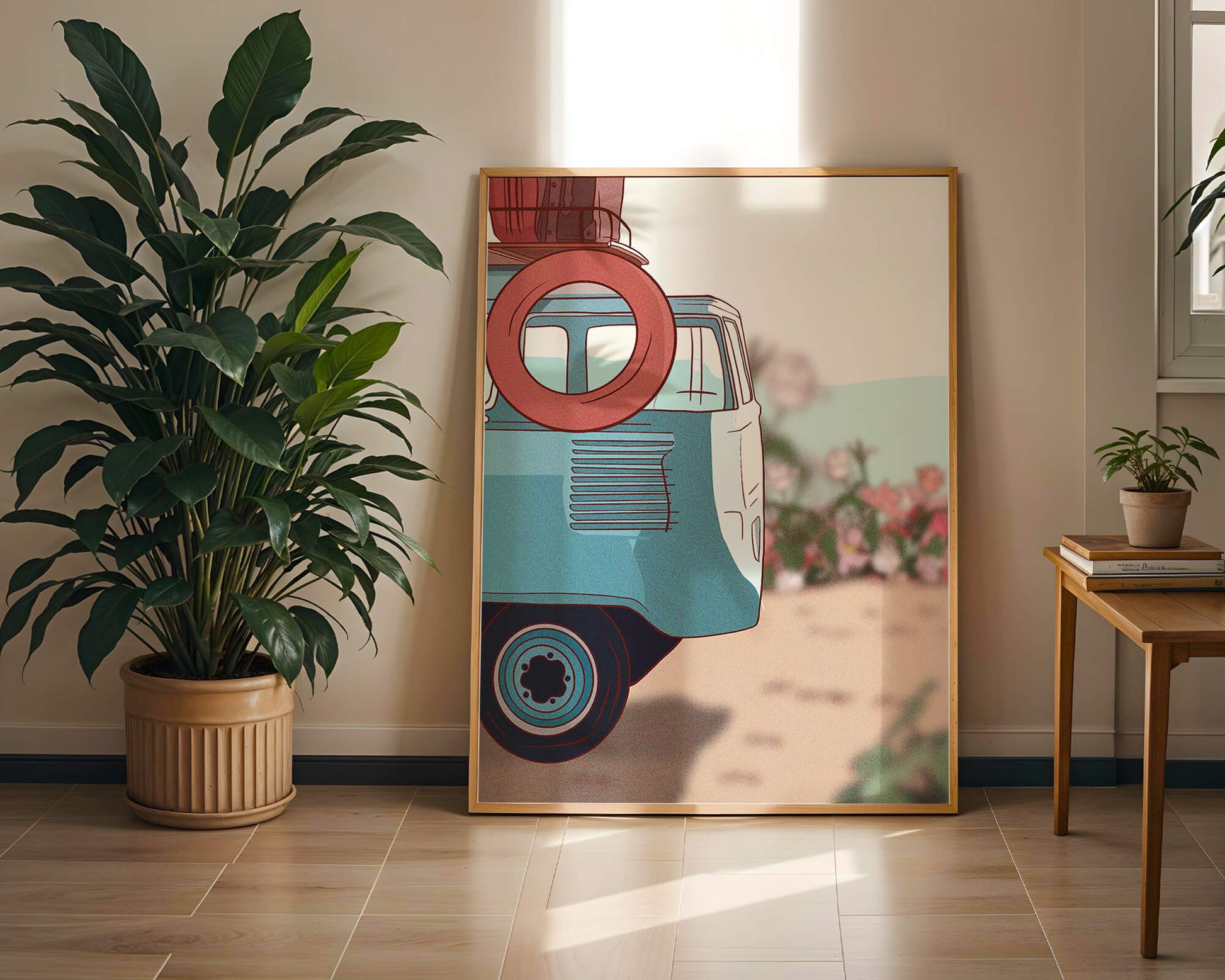 Viaje por carretera de verano en una furgoneta azul vintage