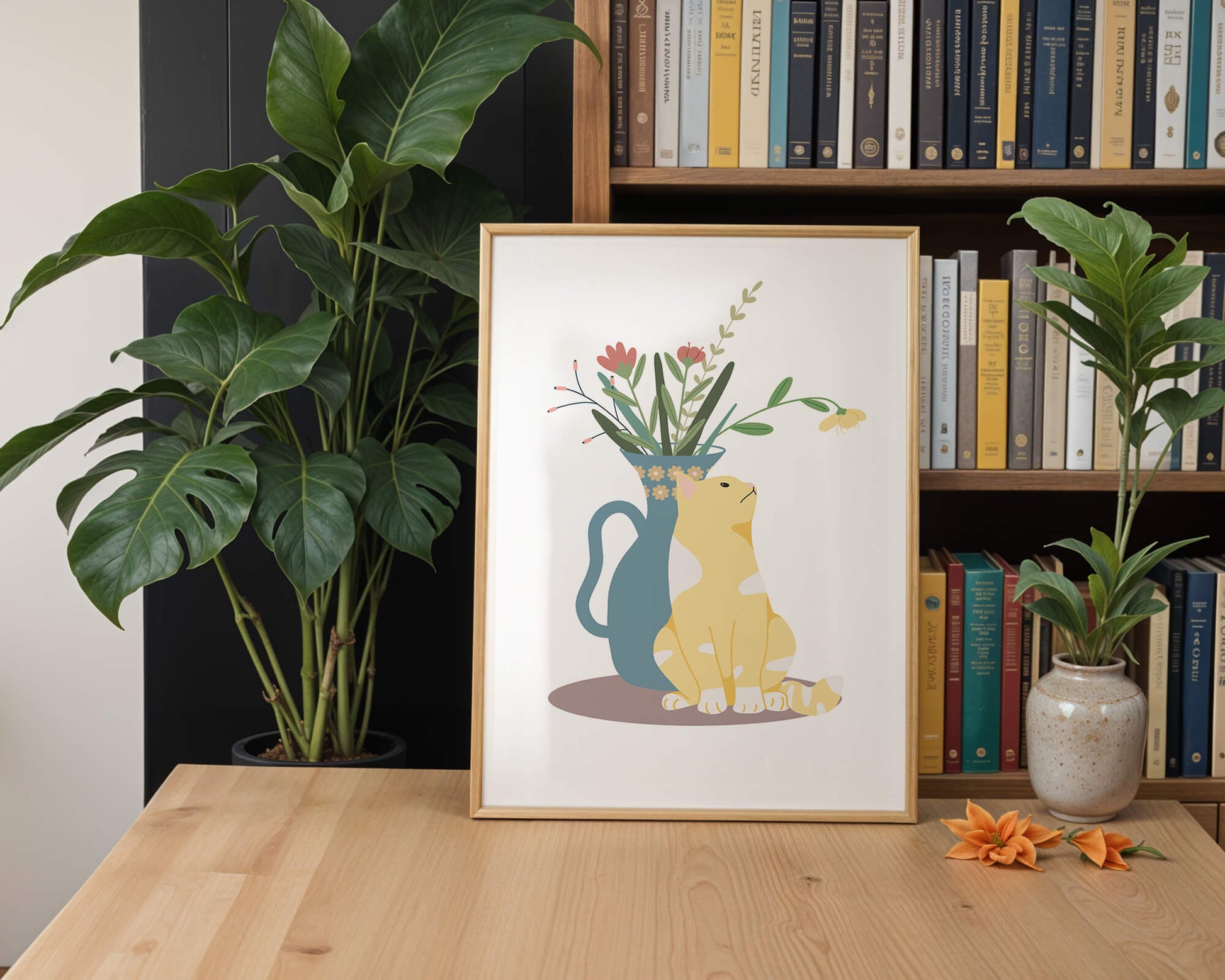 Illustration of a cat sitting beside a floral vase