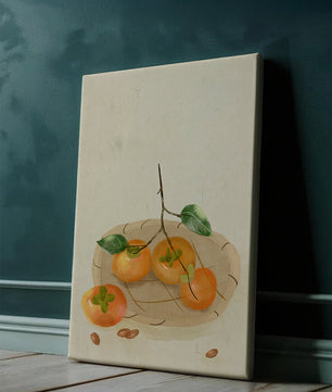 Still Life with Persimmons and Branch on a Neutral Background