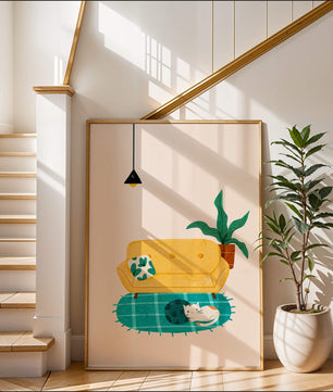 Cozy Living Room with Yellow Sofa and Sleeping Cat