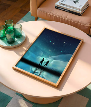 Pareja romántica paseando bajo la noche estrellada con reflejos celestiales