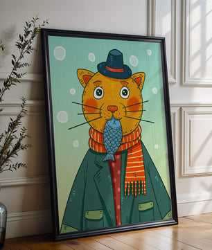 Gato caprichoso vestido con atuendo invernal colorido