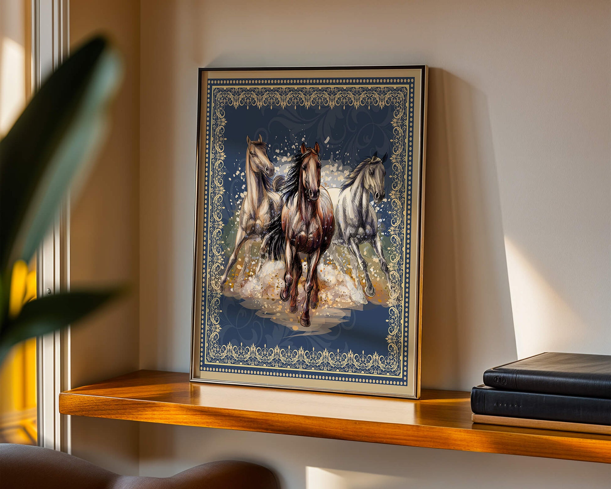 Running horses framed with elegant golden border on a blue background