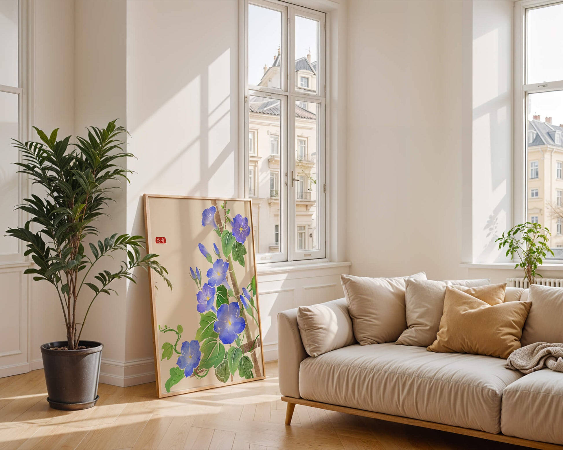 Obra floral delicada con glorias matutinas azules vibrantes