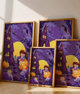 Charming Halloween scene with a girl on a pumpkin near a haunted house