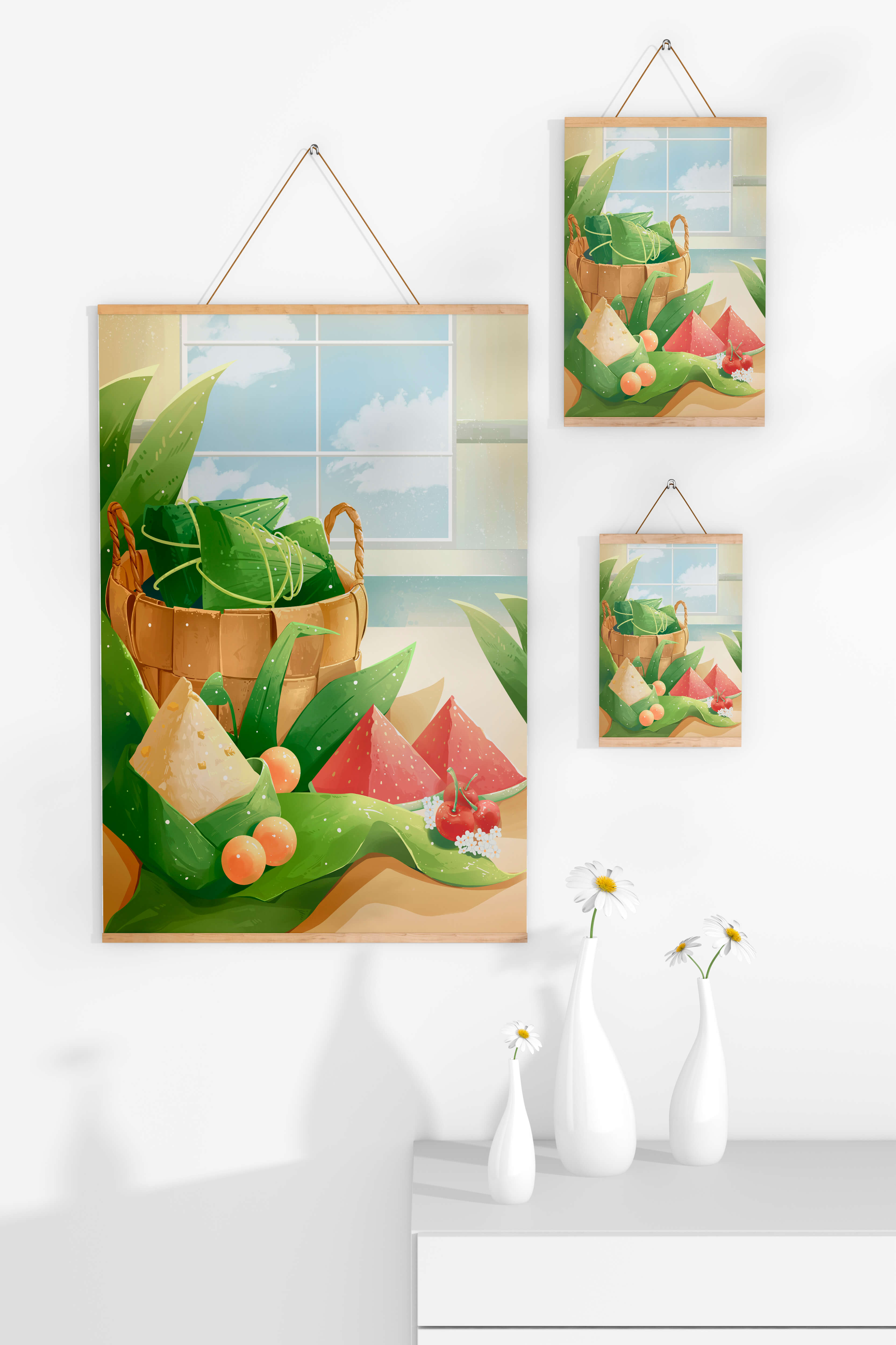 Serene kitchen scene with basket of fruits and leaves