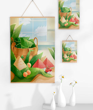 Scène de cuisine sereine avec un panier de fruits et de feuilles