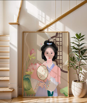 Elegant traditional Asian woman in pastel attire with floral background
