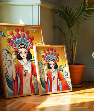 Eine elegante Darstellung asiatischer Kunst mit traditioneller Kleidung und kunstvollem Kopfschmuck